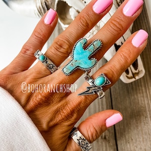 WESTERN RING SET Western Rings adjustable concho cactus Lightning bolt stamped boho Aztec  | gift idea | anilo | accessories | jewelry