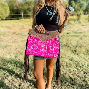 THE MAGGIE - TOOLED conceal carry cowhide crossbody pink silver specs | Western Fringe Tassel clutch | Messenger Fringe leather Purse Bag