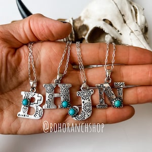 INITIAL STAMPED NECKLACE Turquoise teardrop Stone pendant hand stamped western Necklace - gift idea | bridesmaids teacher gifts