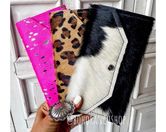 COWHIDE ENVELOPE WALLET | Double sided hair on fur | 100 % Genuine Leather Cowhide | Credit Card cash Check book Holder gift idea