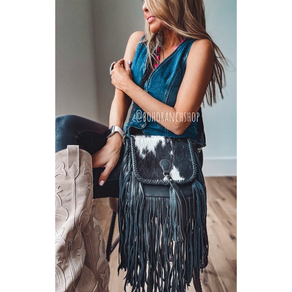 THE NANCY CROSSBODY Genuine Hairon Cowhide Leather Tassel Fringe Crossbody Western Messenger Fringe Purse Bag Bolsa vaquera