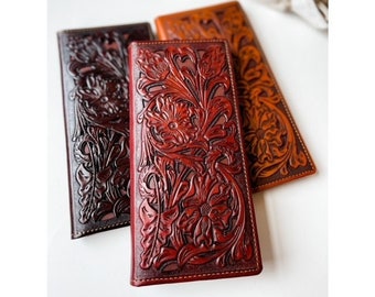 Genuine Tooled Leather Bi-Fold Wallet | Tooling Western Man's Men Men's women Long Wallet Checkbook | FREE SHIPPING | gift idea