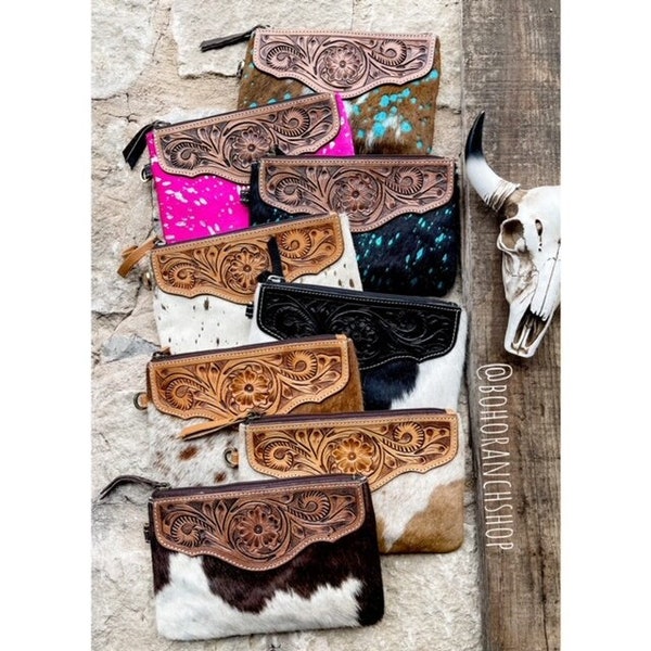 COWHIDE WRISTLET | Western Genuine Hair on Cowhide + Hand Tooled Leather Wristlet Clutch | Purse Wallet Handbag Leather Back