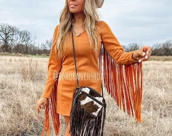 THE MEGAN CROSSBODY cowhide Western Leather hairon hide fur purse Messenger Fringe cowhide Bag