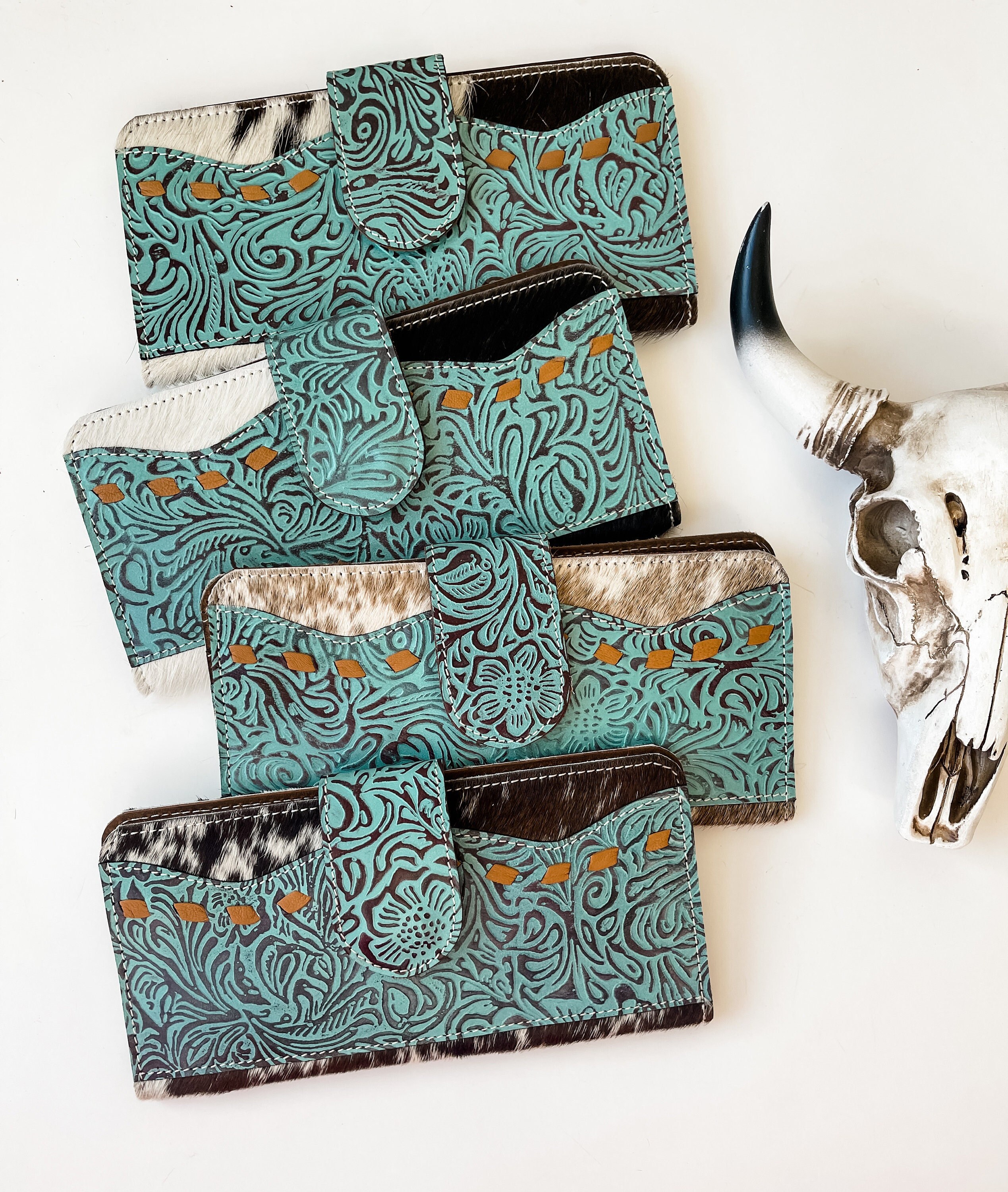 TURQUOISE LEATHER WALLET | Western Genuine Hand Tooled Turquoise Leather Cowhide Wallet Checkbook | hand Tooled Leather hair on fur cowhide