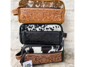 COWHIDE TOILETRY BAG Genuine Hair On hand tooled Leather makeup bag travel toiletry pouch western shaving cosmetics punchy howdy Nashville