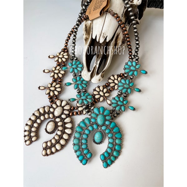 SQUASH BLOSSOM NECKLACE Western Pendant Necklace | Navajo pearl Turquoise  Southwestern Jewelry Western