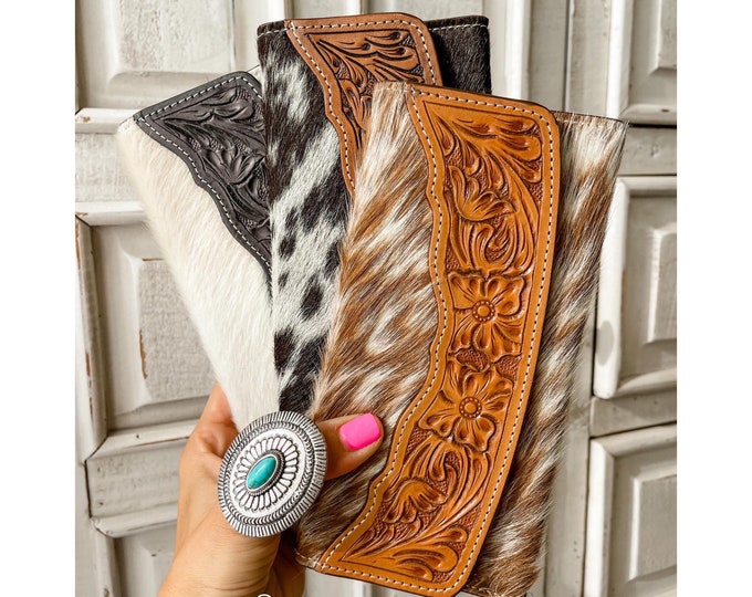 TOOLED LEATHER WALLET Western Genuine Hand Tooled Leather Cowhide Wallet clutch Checkbook | hand Tooled Leather Wallet | hair on fur cowhide