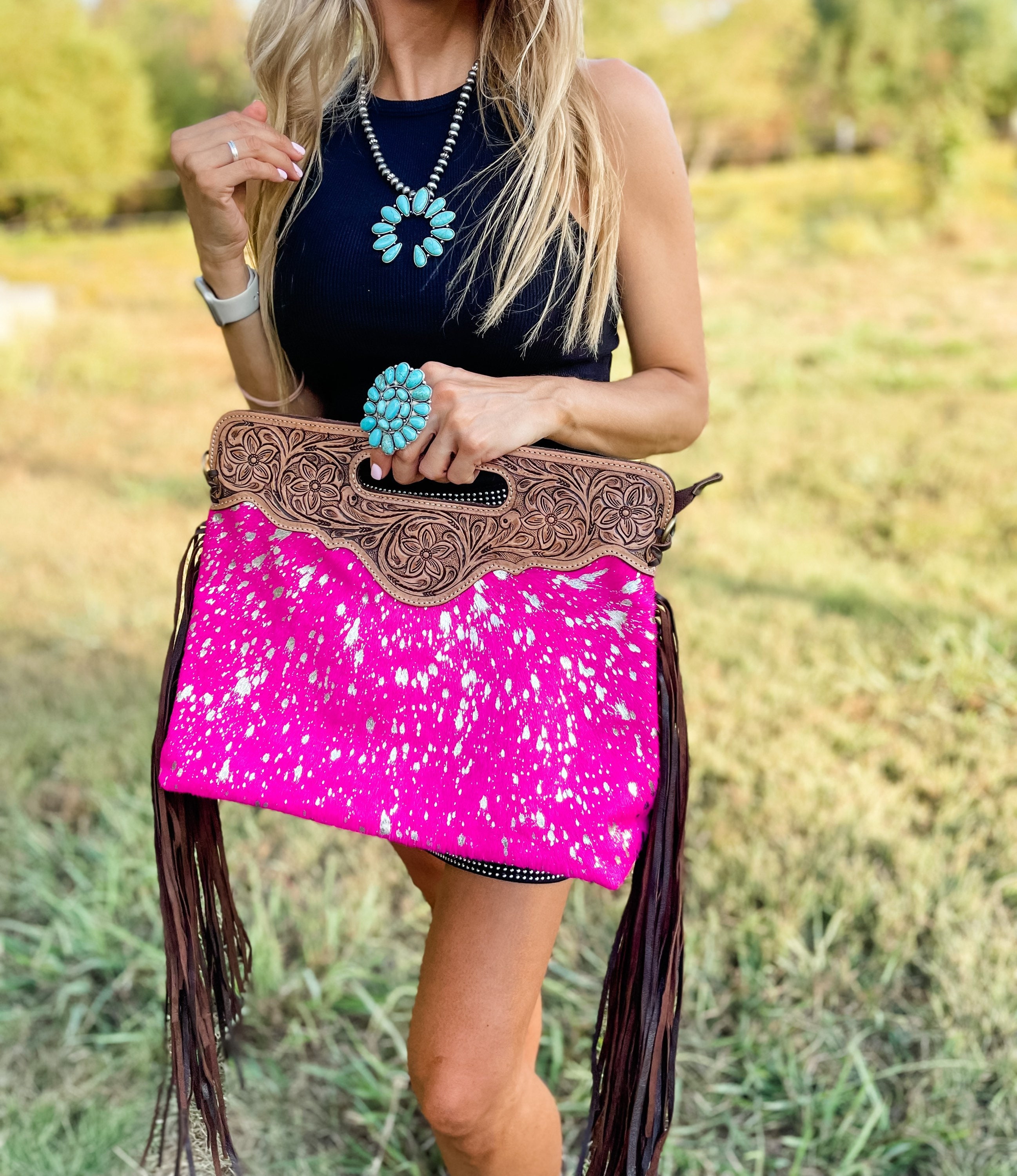 pink fringe purse