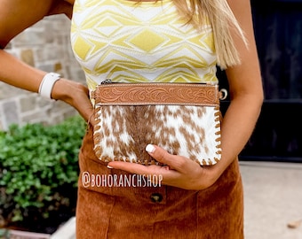 MINI CROSSBODY | Western Tooled Leather Cowhide Mini Crossbody Wristlet cell Phone smart phone mobile Purse | Fanny pack, sling bag