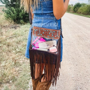 TOOLED LEATHER PURSE | hand tooled western concert bag purse clear stadium bag, punchy transparent western crossbody purse game day vinyl