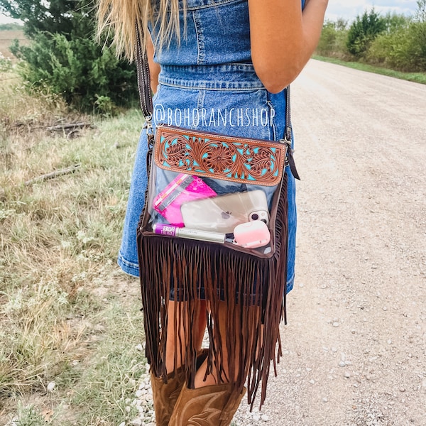 TOOLED LEATHER PURSE | hand tooled western concert bag purse clear stadium bag, punchy transparent western crossbody purse game day vinyl