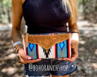 AZTEC TOOLED LEATHER wristlet | Western Aztec clutch bag purse Hand Tooled Leather Wristlet Clutch | Purse Wallet Handbag