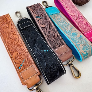 CHUNKY LEATHER WRISTLET strap | keychain key fob - hand tooled - black tan brown pink turquoise - turquoise accent | stocking stuffers