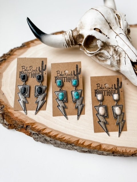 Metal Thunder Lightning Bolt with color Stone Earrings Earring | turquoise white black southwestern jewelry earrings jewelry FREE SHIPPING