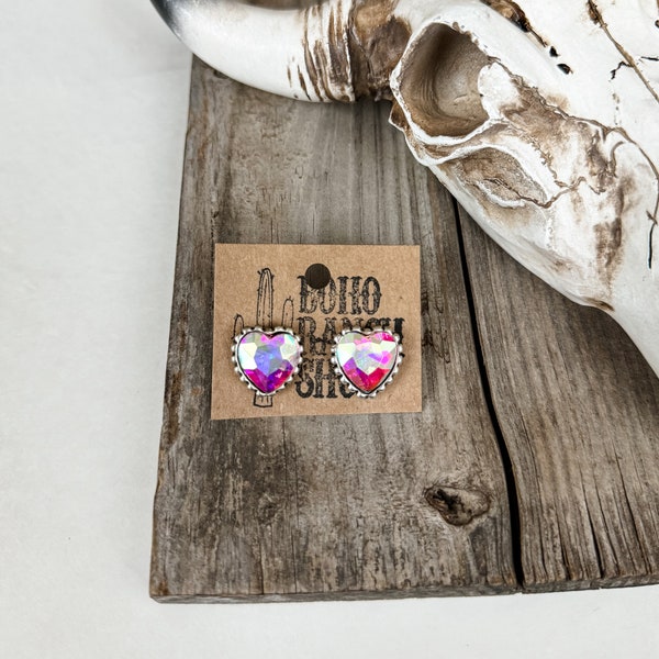 HEART STUDS Heart stud AB stone  Earrings | stud studs southwestern jewelry earrings jewelry navajo | Valentine’s Day gift idea