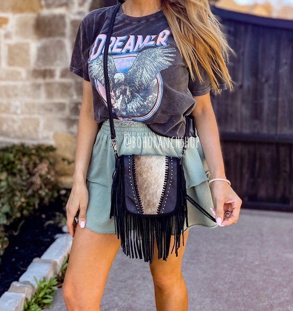 THE MIRANDA CROSSBODY Studded Leather Cowhide Messenger Fringe 