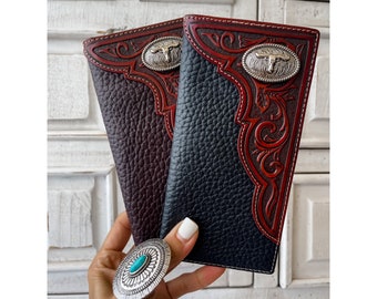 Genuine Tooled Leather Bi-Fold Wallet |  Longhorn | Tooling Western Man's Men Men's women Long Wallet Checkbook | FREE SHIPPING | gift idea