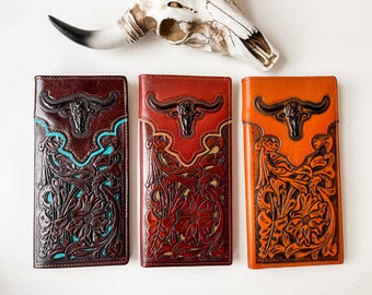 Genuine Tooled Leather Bi-Fold Wallet | Longhorn | Tooling Western Man's  Men Men's women Long Wallet Checkbook | FREE SHIPPING | gift idea