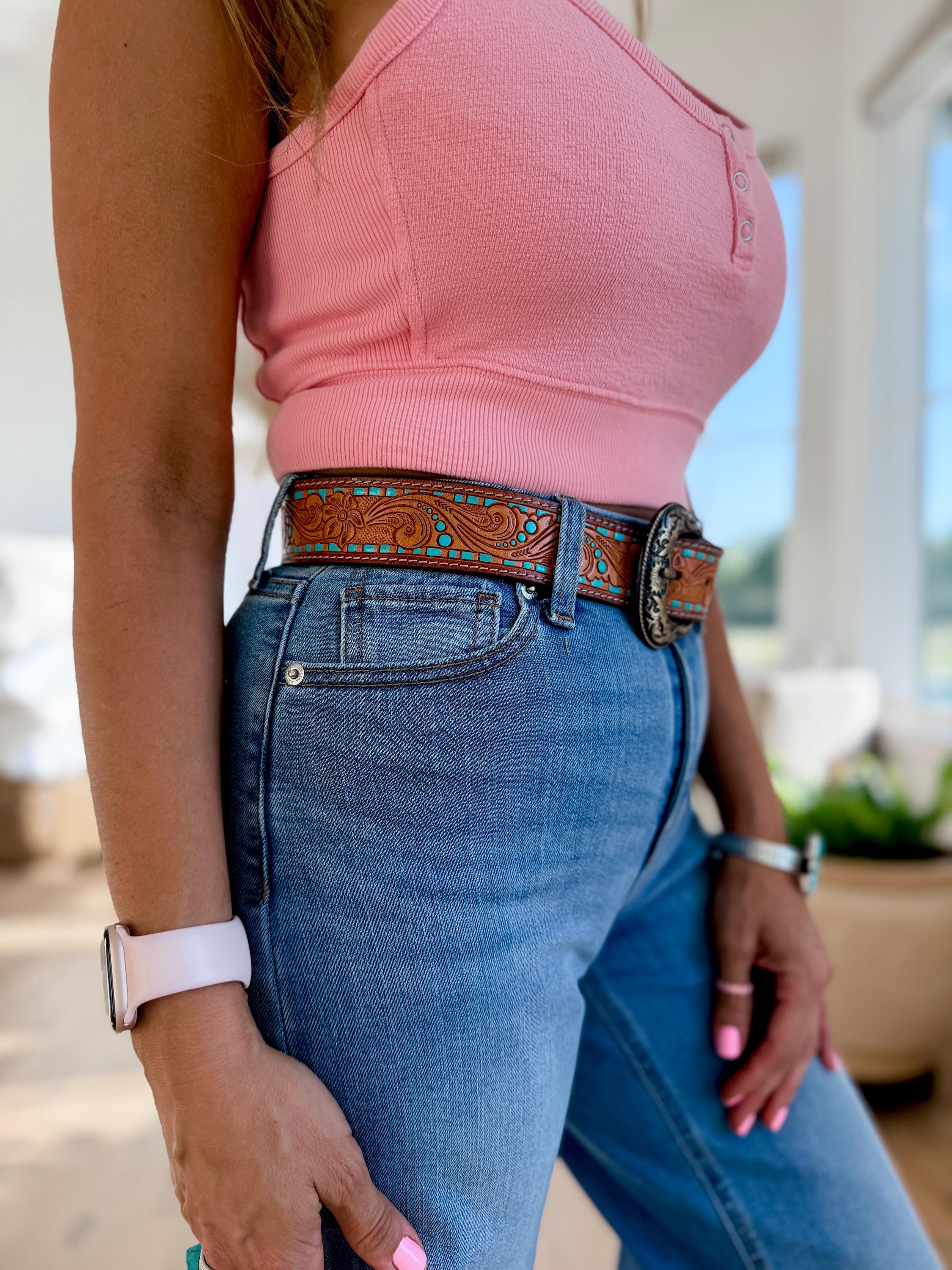 Vintage Western Belt Turquoise Buckle Faux Leather Waist Belt Y2K Retro BKE Turquoise Western Belt - Women main image 4