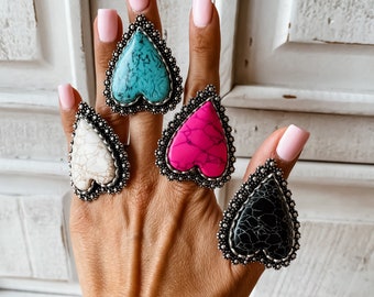 STATEMENT HEART RING | Oversized Western Heart Ring | Statement Ring - adjustable ring -  southwestern pink black white turquoise