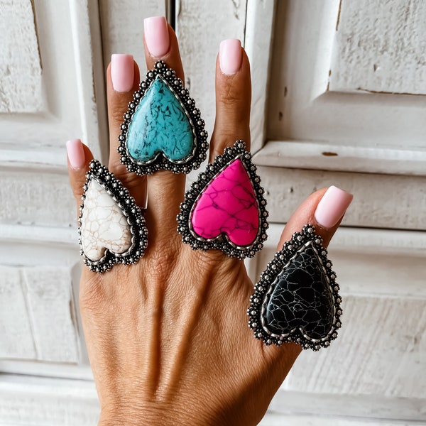 STATEMENT HEART RING | Oversized Western Heart Ring | Statement Ring - adjustable ring -  southwestern pink black white turquoise