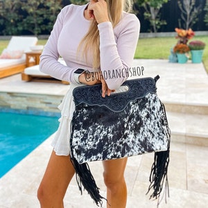 THE MAGGIE - Western Tooled Leather Cowhide Fringe Tassel clutch crossbody | Messenger Hand tooled leather Purse Bag  Rodeo | punchy rodeo