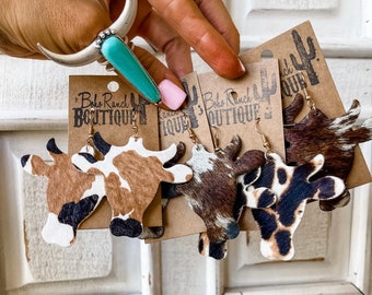 COWHIDE COWHEAD EARRINGS | Genuine Hair on Cowhide Cow Head Earrings | cow print southwestern jewelry earrings