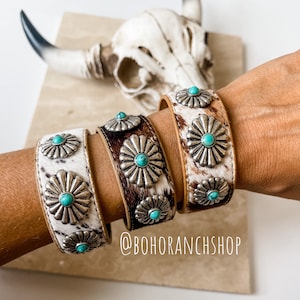 COWHIDE CUFF CONCH bracelet | Hair on Cowhide genuine leather | turquoise colored stones southwestern western jewelry - makes a great gift!