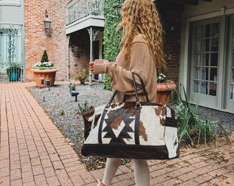 AZTEC TRAVEL DUFFLE leather hair on cowhide duffel travel bag | Tote purse | diaper Bag Weekend Overnight hospital bag | boho ranch