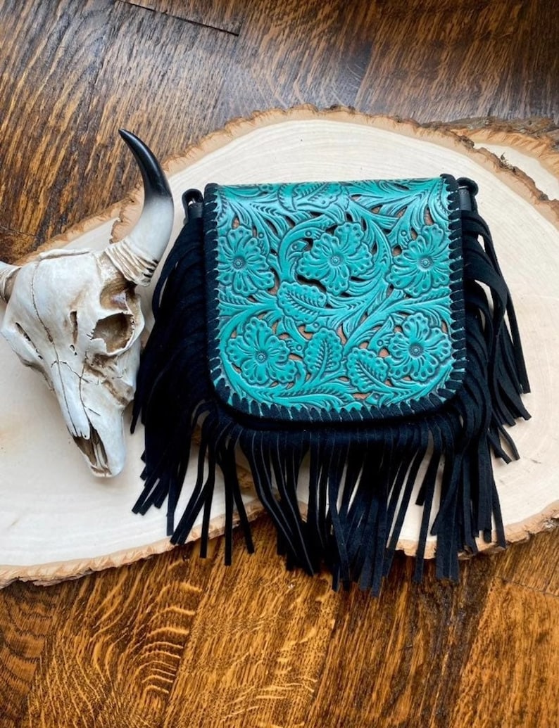 RESTOCKED | LASER CUT purse - small - turquoise black Western Genuine Tooled Leather Crossbody Messenger Fringe Purse Bag Western Rodeo 