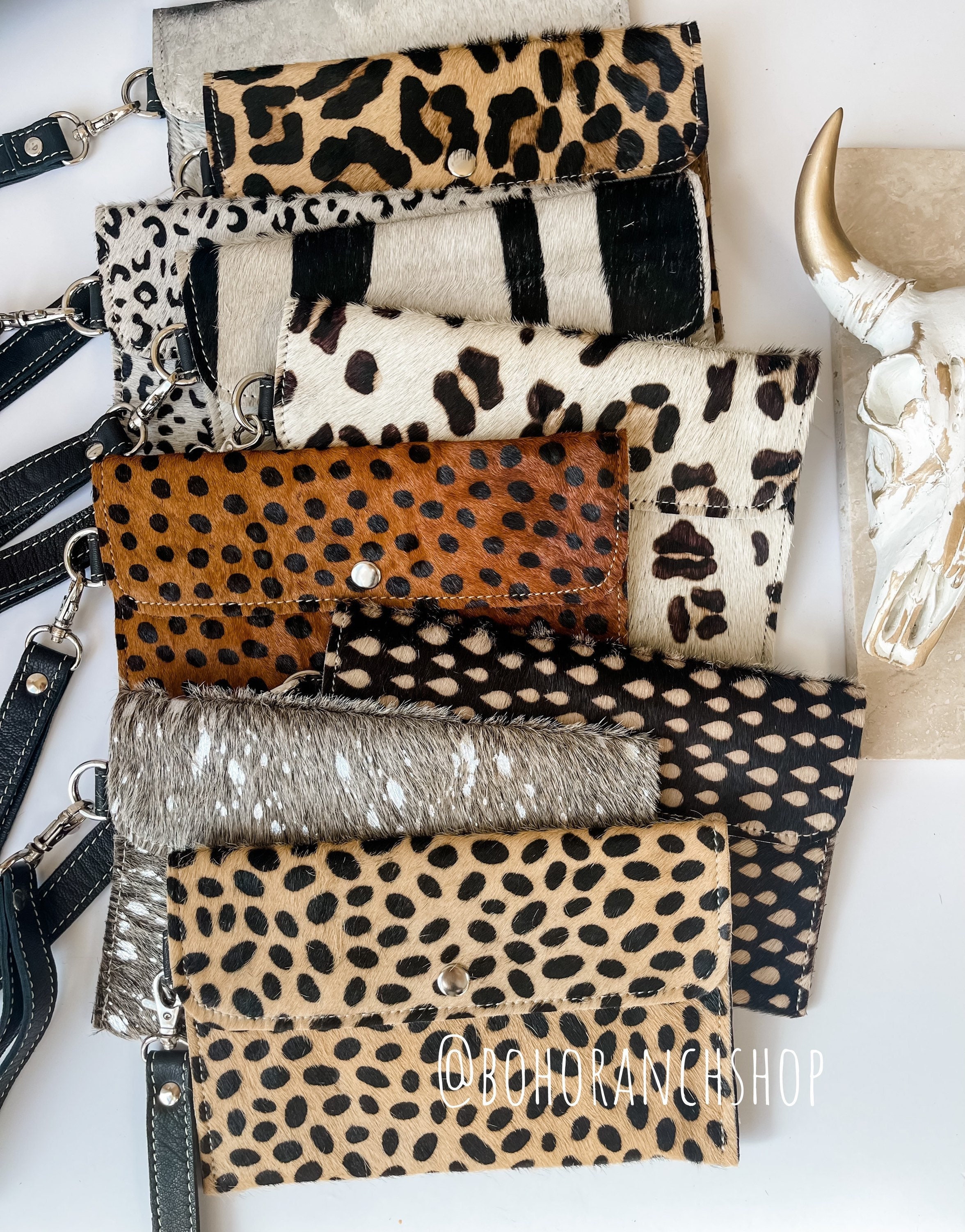 Keep It Gypsy Trifold Distressed Leopard Cowhide Wallet Wristlet Cream Strap