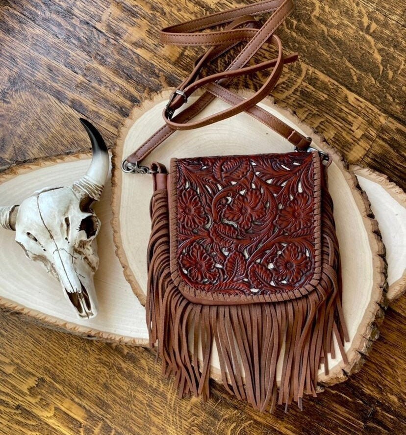 RESTOCKED  | Brown Beige Western Genuine Tooled Leather Crossbody Mes…