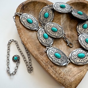 Vintage Concho Clip Faux Turquoise Stone Silver Tone Scalloped Oval Slider Wild Rag Scarf Slide -navajo Cluster Conch Stones - White  main image 3