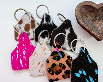 COWHIDE EARTAG KEYCHAIN | Cow Cattle Ear Tag hair on cowhide leather keychain | key chain  | leather hairon llavero | Christmas gift idea