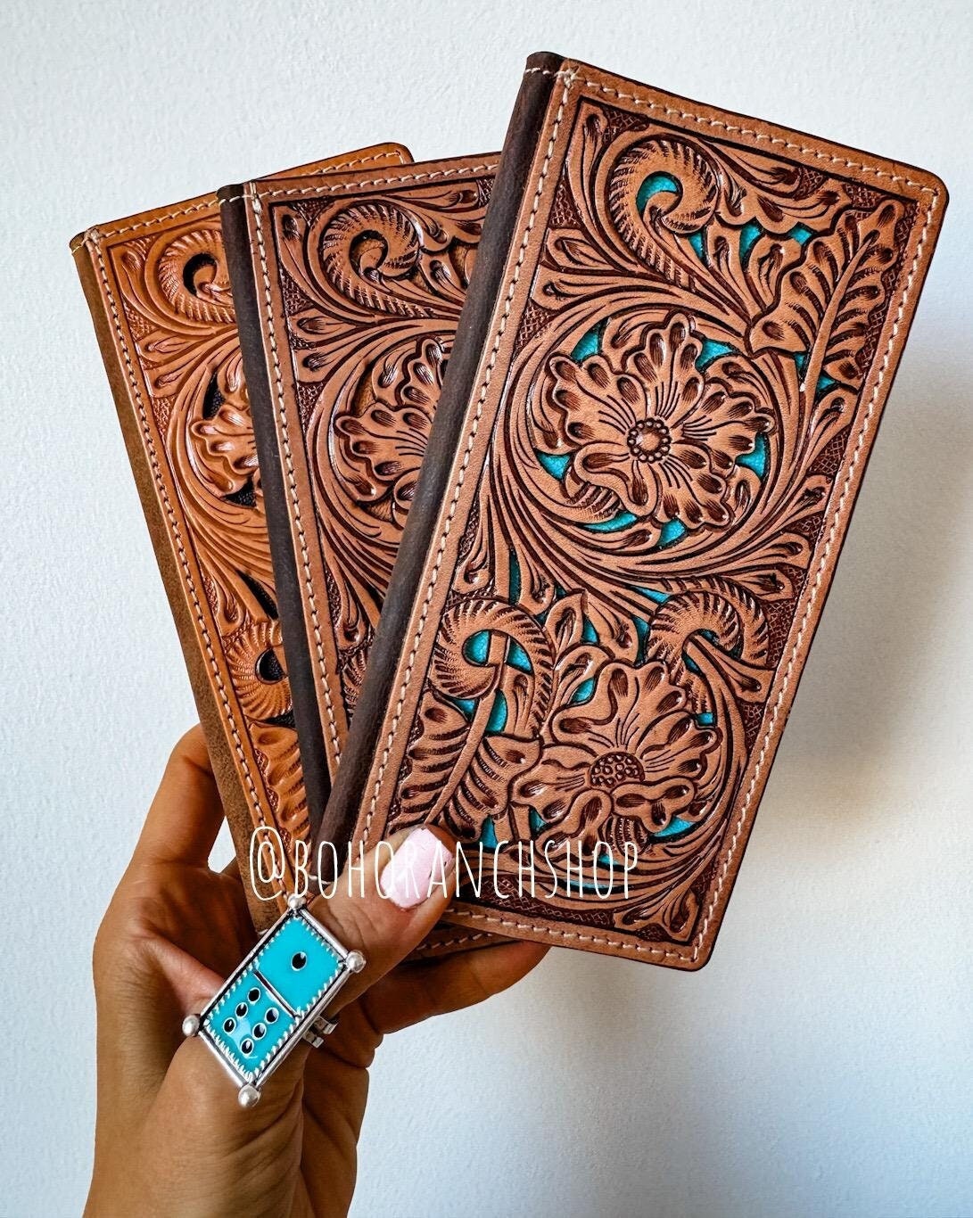 TEXAS LEATHER WALLET Genuine Tooled Leather | Bifold Tooling Western Man's Men Men's women Long Wallet Checkbook | gift idea