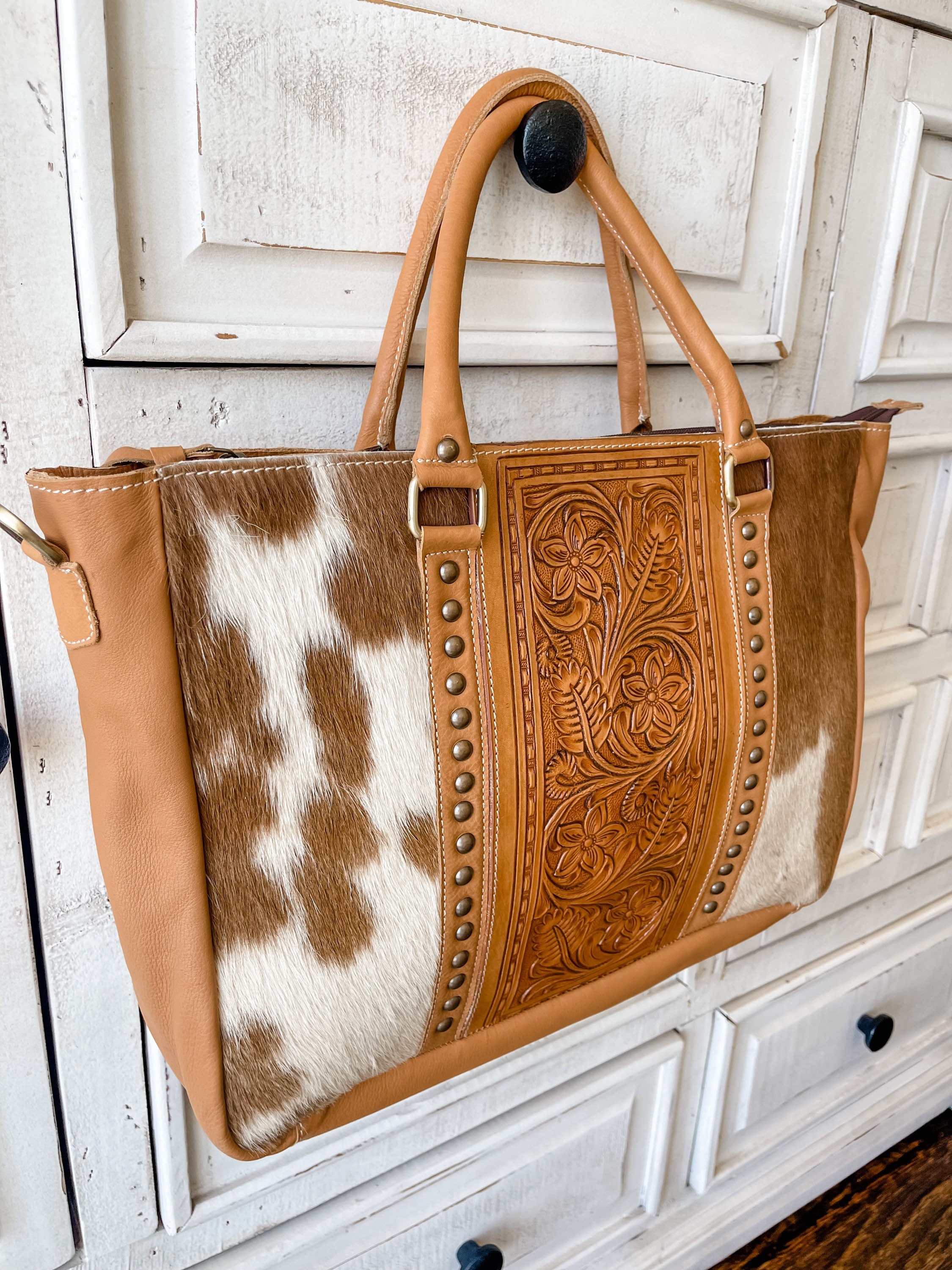 TOOLED LEATHER TOTE Hand Tooled Leather Cowhide Western Purse 