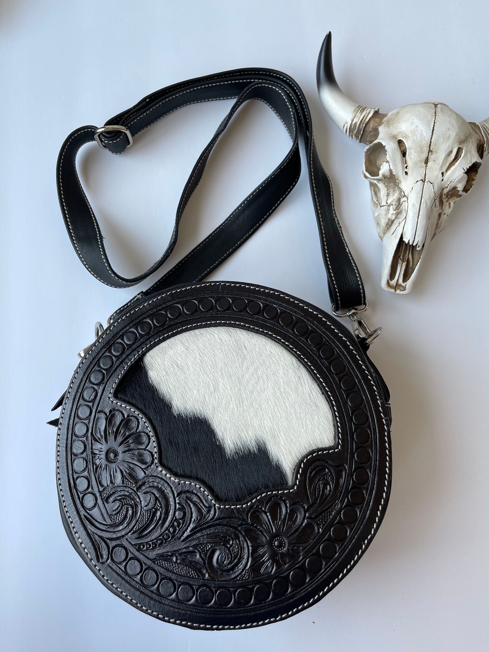 ROUND LEATHER CROSSBODY Western Tooled Leather Round Cowhide Crossbody
