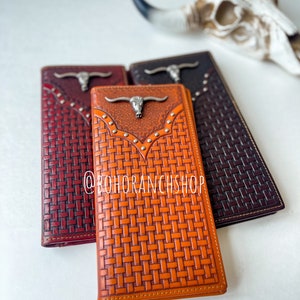 LONGHORN LONG WALLET Genuine Leather Bi-Fold Wallet |  Longhorn | Tooling Western Man's Men Men's women Long Wallet Checkbook | gift idea