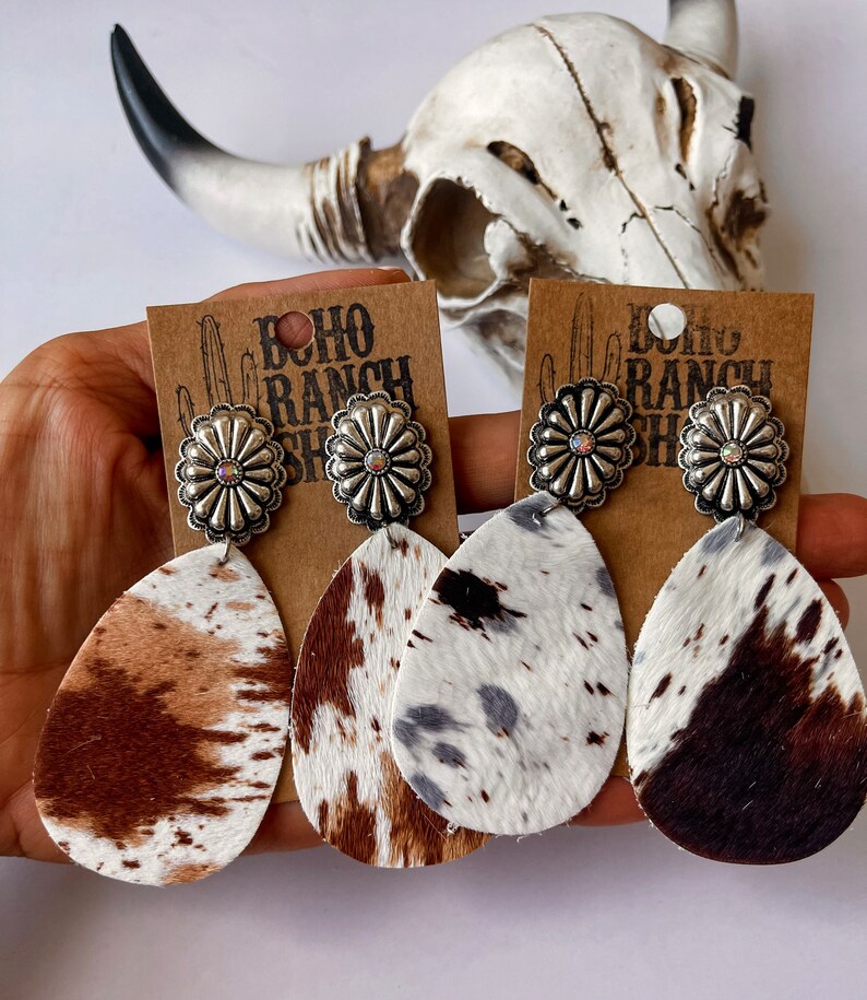 COWHIDE TEARDROP CONCH Earrings Genuine Leather Cowhide Fur Etsy