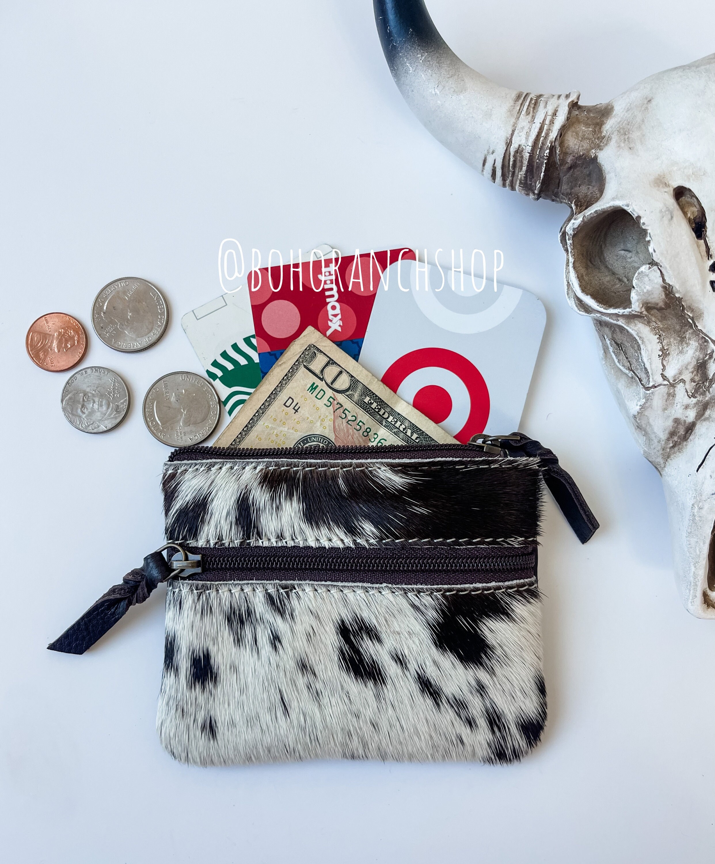 COWHIDE COIN ZIPPERED Pouch | Change Pouch | Credit Card Cash Bag 