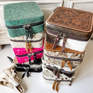 COWHIDE JEWELRY BOX | jewelry storage box travel case  | gift idea | leather cowhide tooled leather | punchy cowgirl