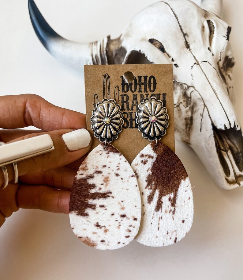 COWHIDE TEARDROP CONCH Earrings Genuine Leather Cowhide Fur Etsy