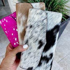 CARTERA DE PIEL DE VACA / Doble cara de pelo sobre piel / 100 % piel de vaca auténtica / Idea de regalo para porta tarjetas de crédito, chequeras y dinero en efectivo / Regalos para ella y él