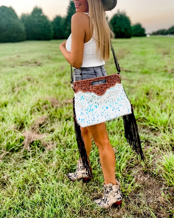 Fringe Purse, Leather Fringe Bag, Fringe Crossbody Bag for Cowgirls, Rodeo Cowhide Satchel Fringe Bag