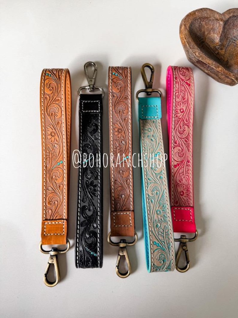 SKINNY LEATHER WRISTLET Strap | Keychain Key Fob - Hand Tooled Strap ...