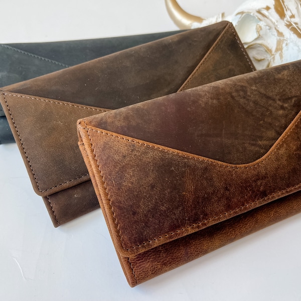 LEATHER WALLET | top grain leather mobile cell phone pocket 100 % Genuine Leather Credit Card cash Check book | Gifts For Her Him