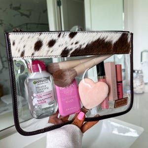 COWHIDE CLEAR POUCH Genuine Hair On Cowhide Leather clear makeup bag travel toiletry pouch western shaving cosmetics punchy howdy