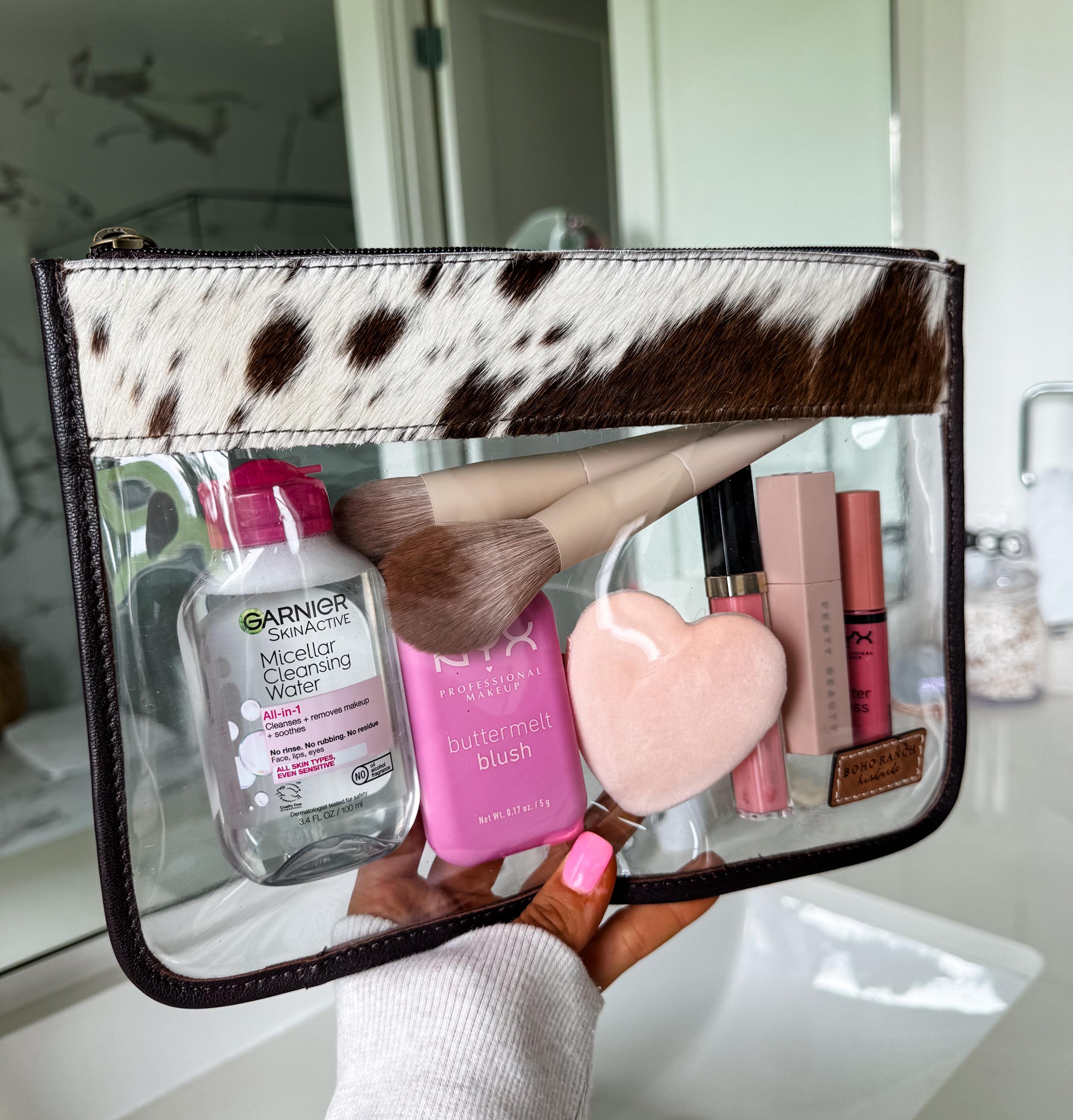 COWHIDE CLEAR POUCH Genuine Hair On Cowhide Leather clear makeup bag travel toiletry pouch western shaving cosmetics punchy howdy