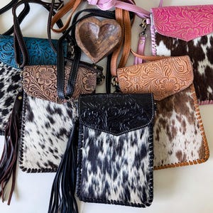 CALLIE PHONE CROSSBODY Western Tooled Leather Cowhide Mini Crossbody cell Phone smart phone mobile Purse | Messenger Fringe Purse Bag punchy